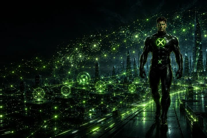 XRPMan striding forward through a vast green XRP Ledger network city at launch