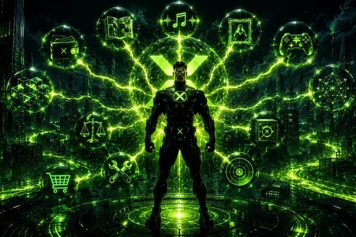 XRPMan centered as wallets, monitoring, comics, music, and game tools radiate from the token core
