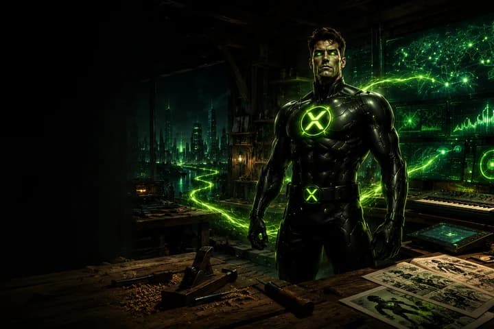 XRPMan as the present-day builder-creator in a workshop above the green XRP Ledger city